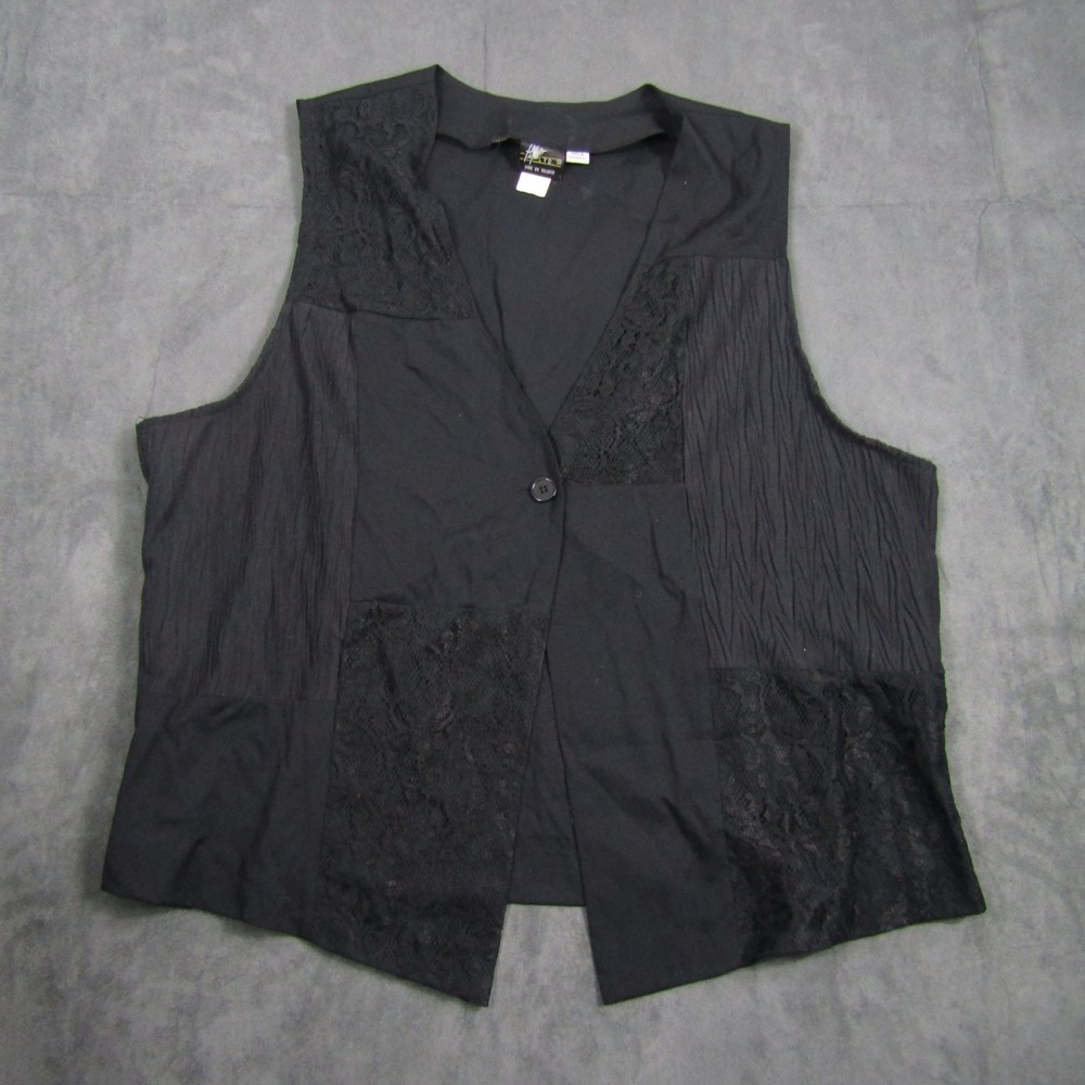 Pyke Ltd Vest Women 20 Black Lace Patchwork Crinkle Button Front Waistcoat 4438